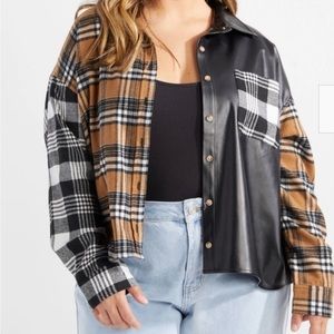 Plus Plaid Faux Leather Button Down Skimmer Top